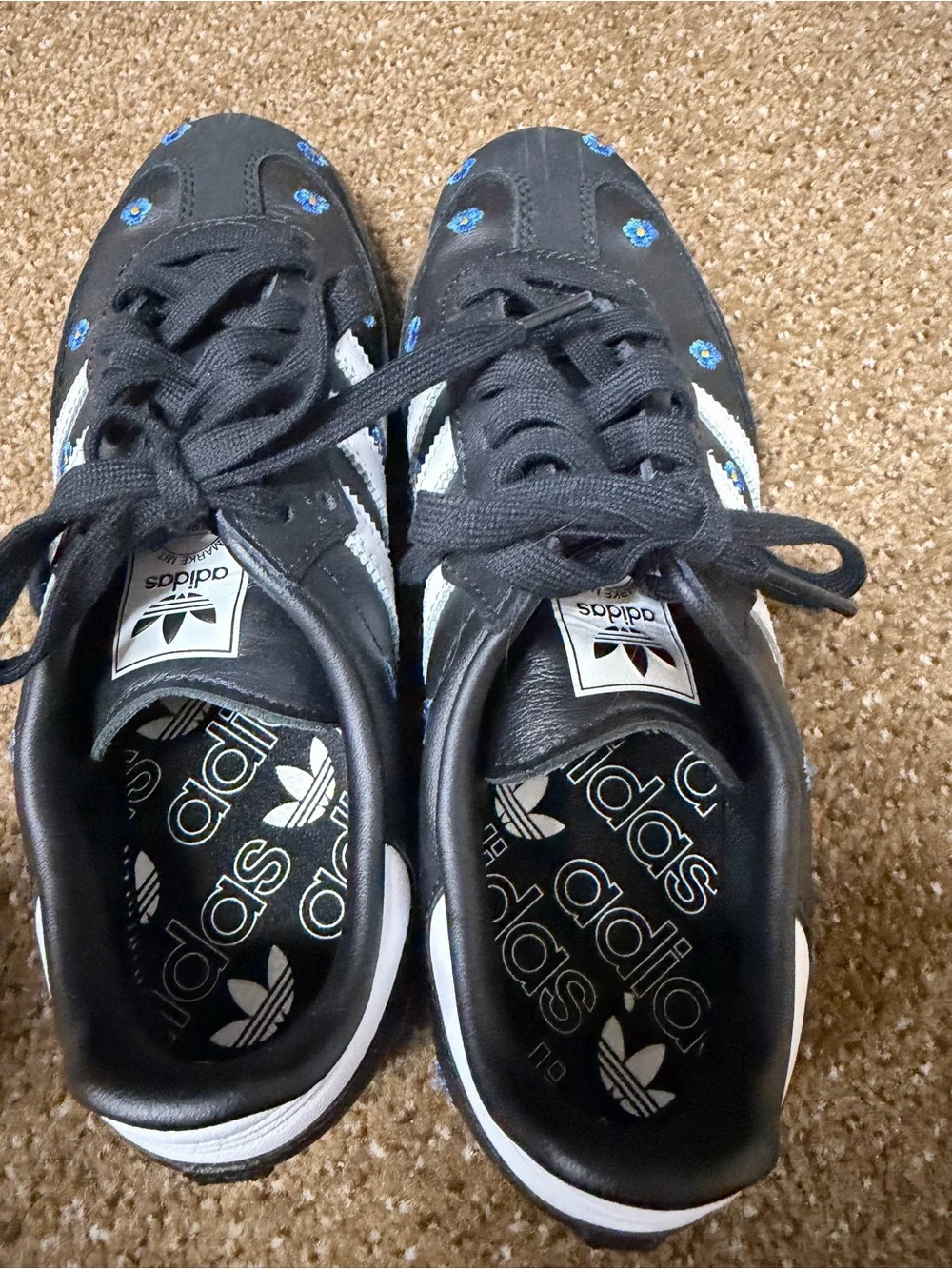 adidas Black Athletic Sneakers with Blue Floral Embroidery